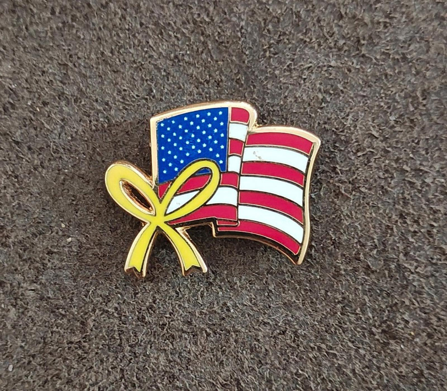 1980's Wavy American Flag With Yellow Ribbon Gold Tone Pin