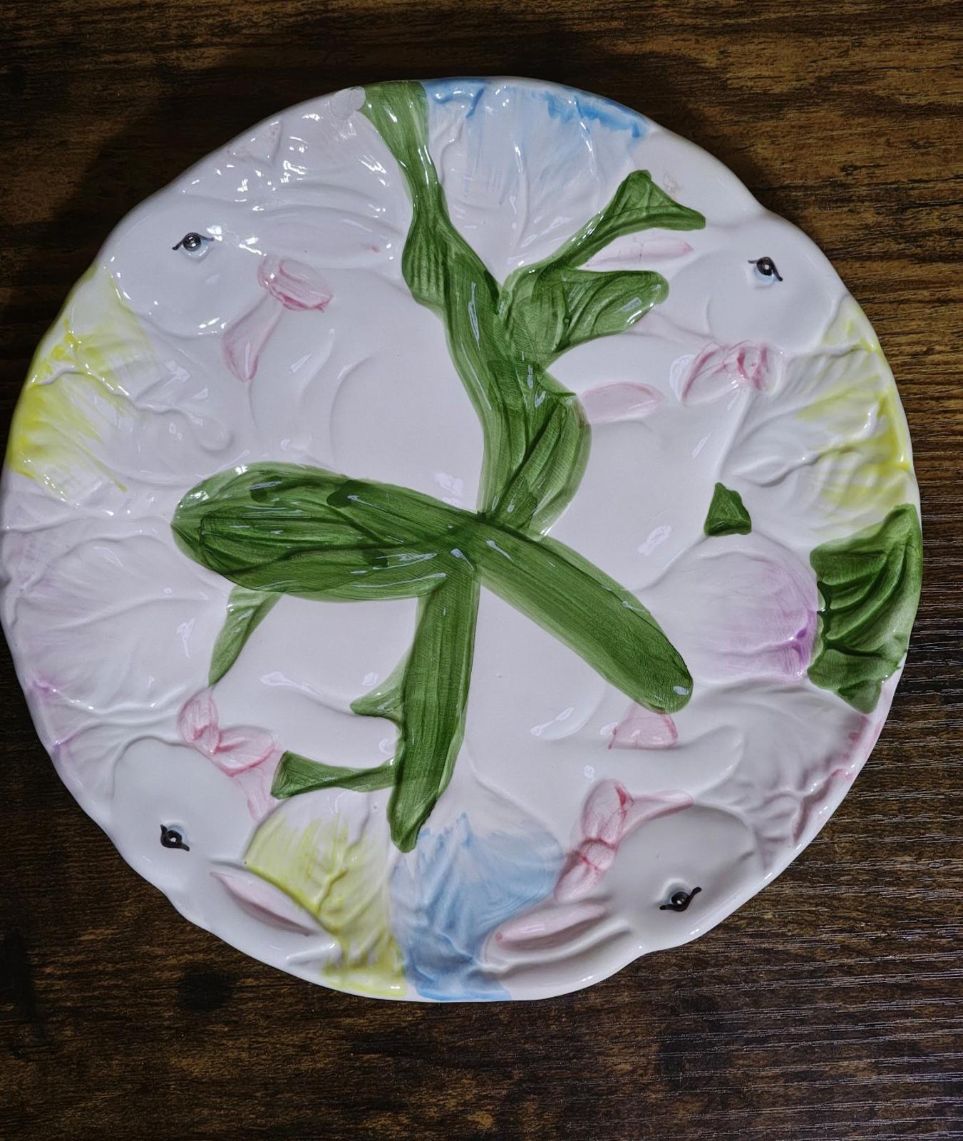 1970s S E Taiwan Ceramics 3D Embossed White Bunny Rabbit Plate