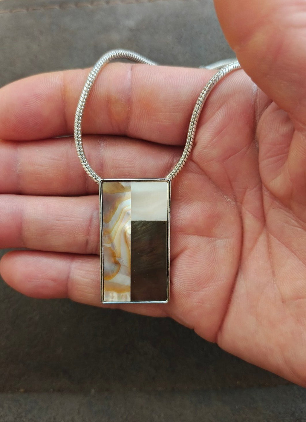 2000s Lia Sophia Mother of Pearl & Abalone Mosaic Geometric Pendant Necklace