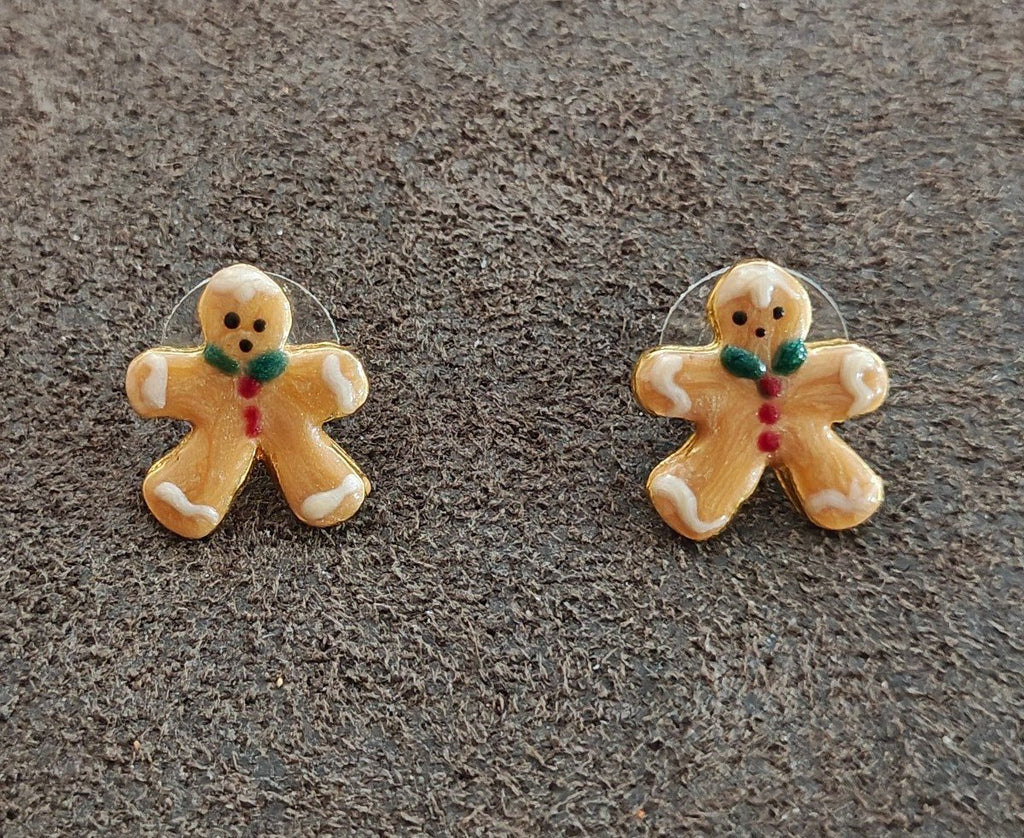 Handpainted Gingerbread Man Gold Tone Stud Earrings