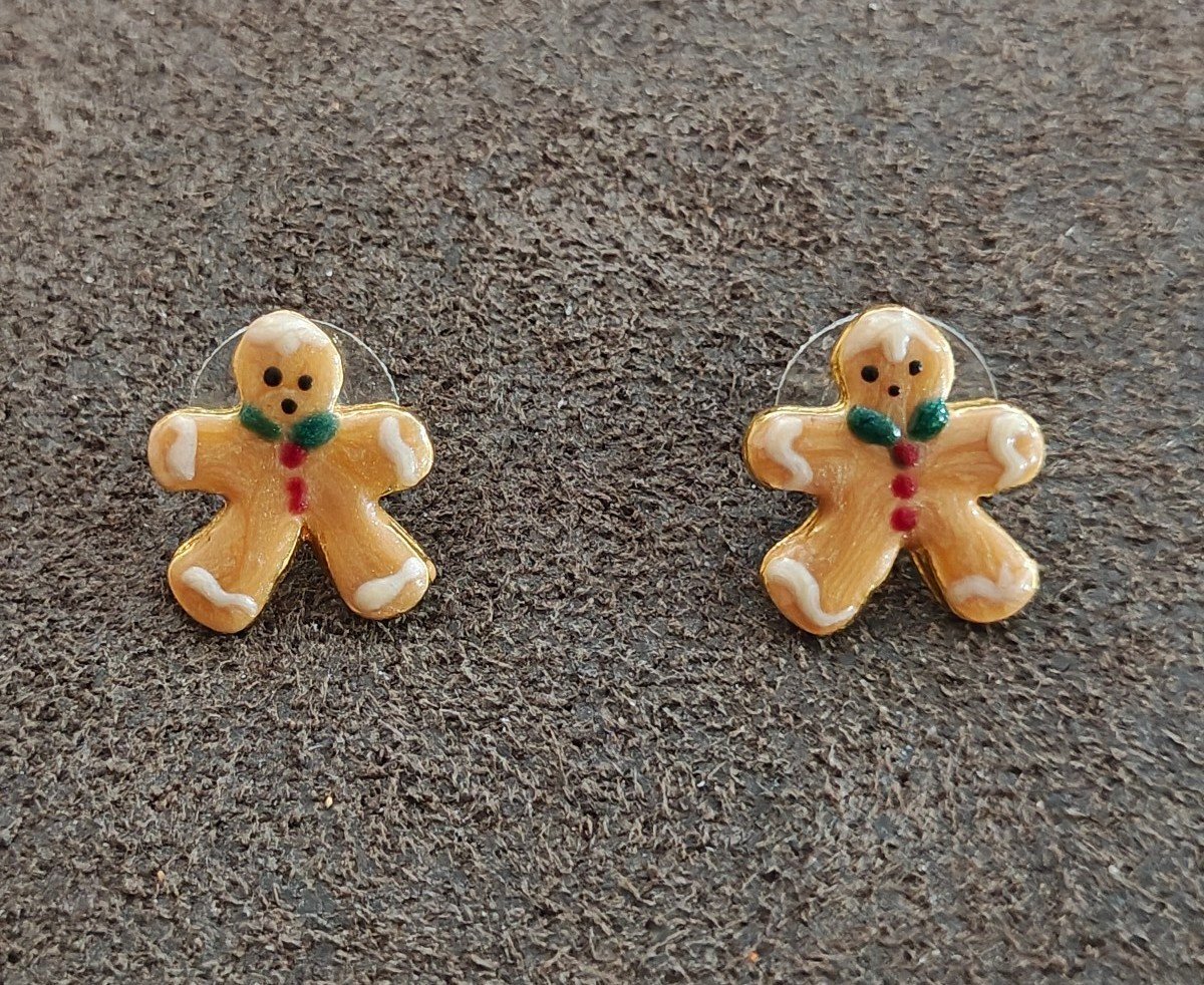 Handpainted Gingerbread Man Gold Tone Stud Earrings
