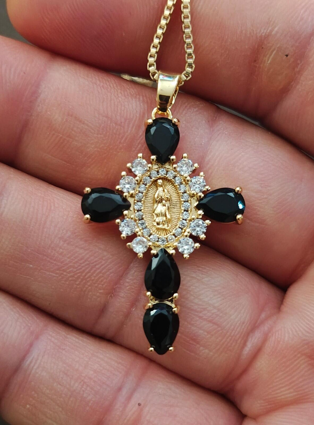 Gold Tone Virgin Mary Cross Pendant Necklace With CZ Stones & Black Stones