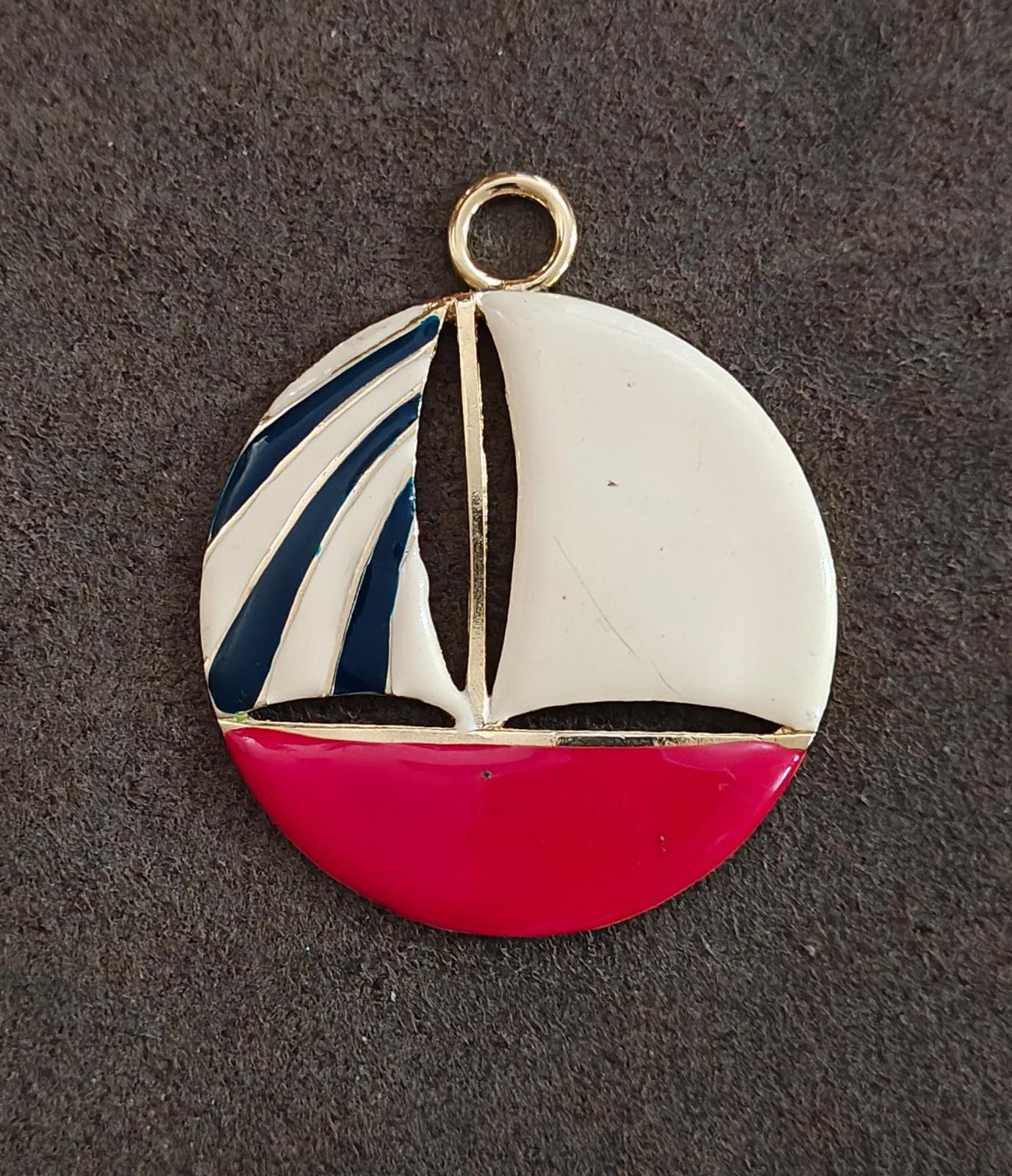 1960's Large Nautical Sailboat Gold Tone Enamel Pendant