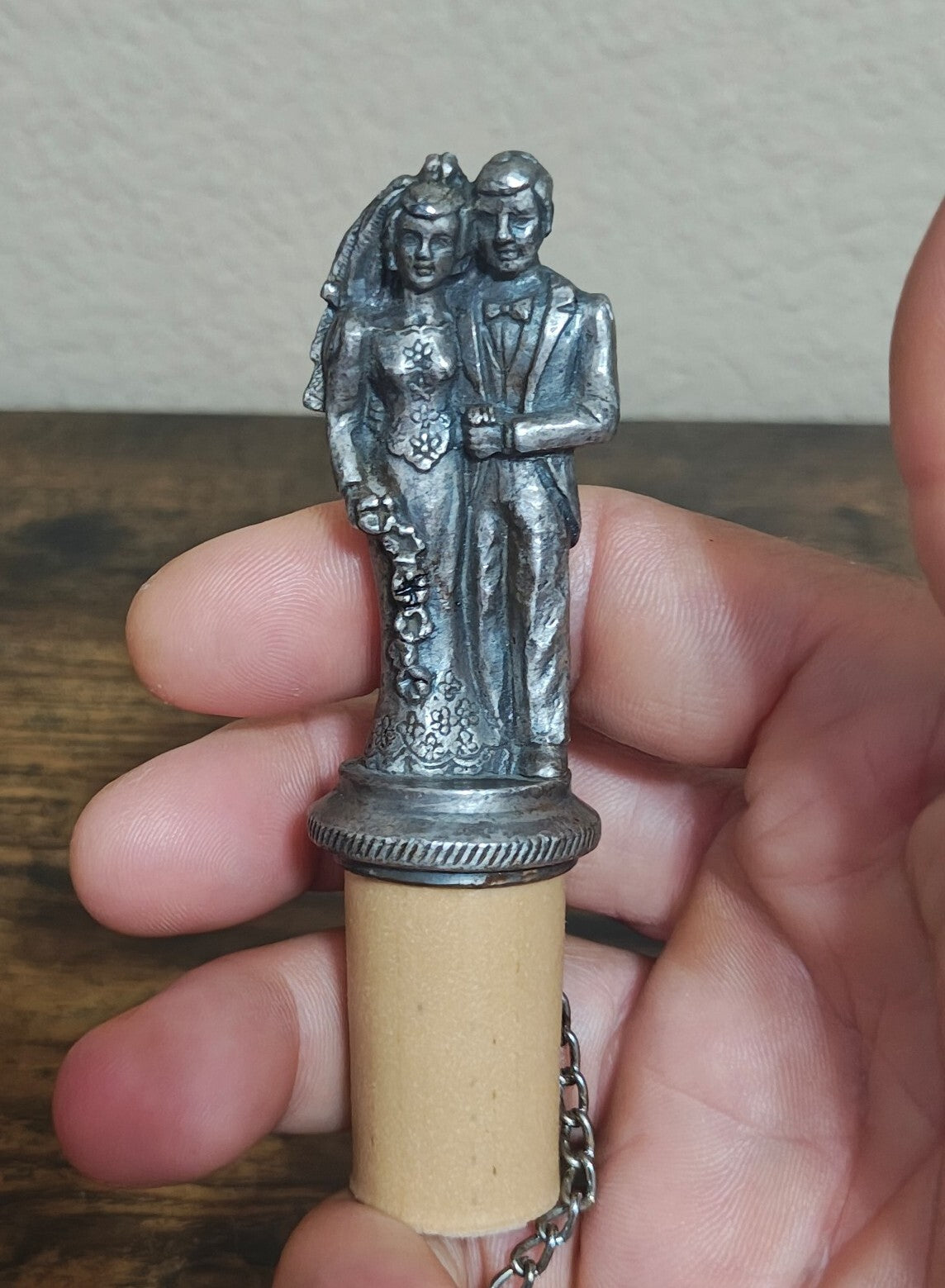 1980s Pewter Bride & Groom Wine Bottle Stopper