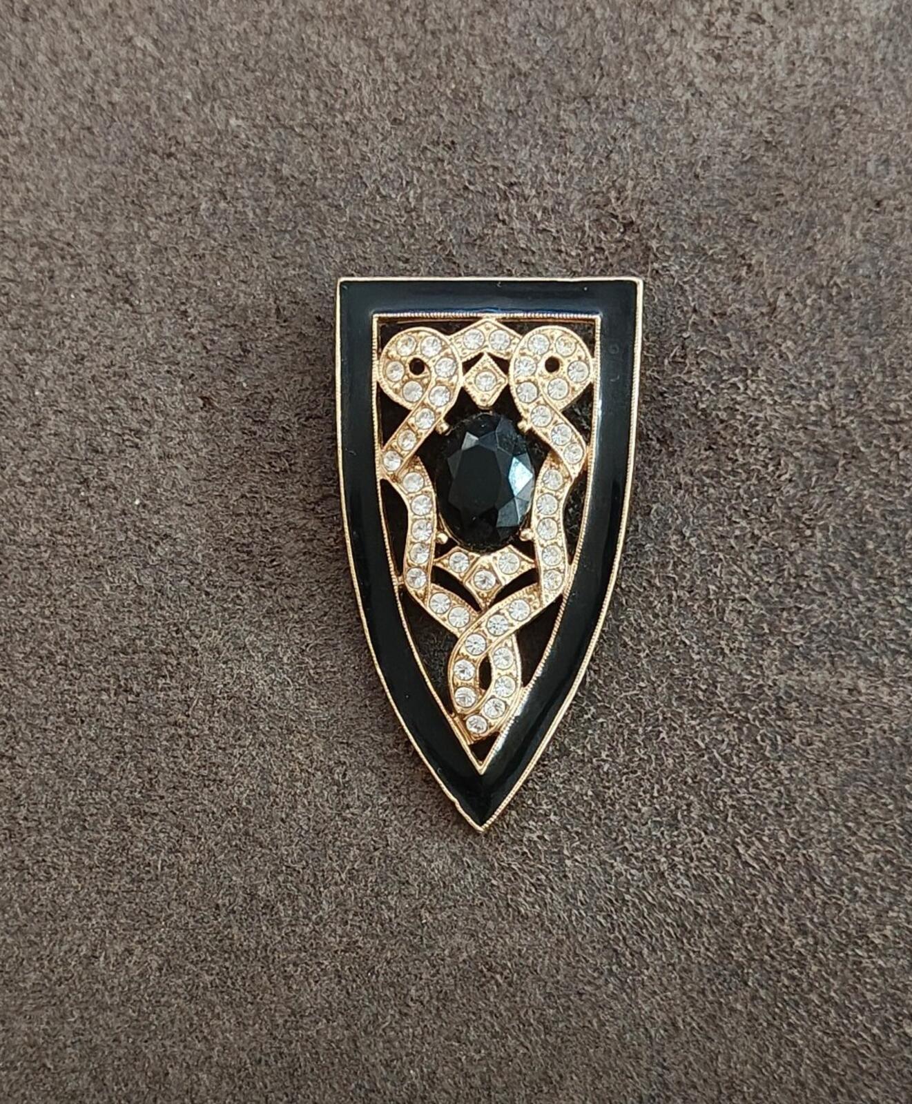 80s Gold Tone Art Deco Enamel Rhinestones & Black Stone 1928 Jewerly Co. Brooch