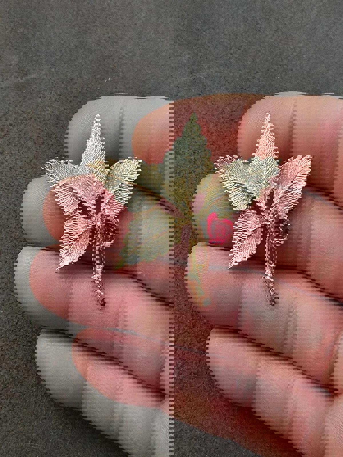 1980's Gold Tone Leaf and Red Rose Virgin Mary On Back Pin Brooch