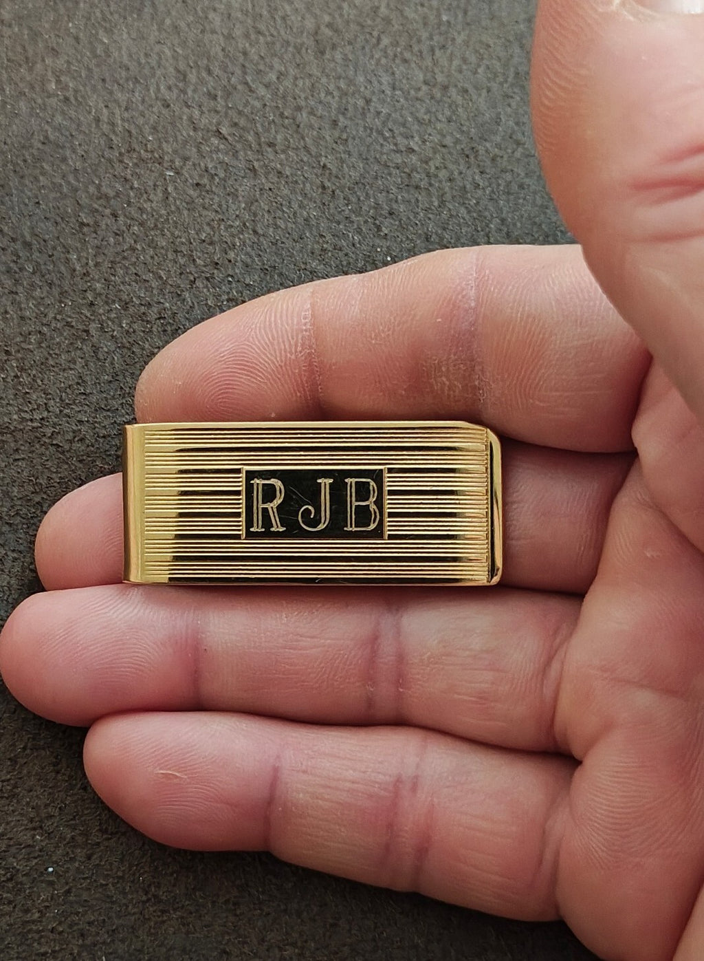 1960s Gold-Tone Engine-Turned Money Clip Monogrammed "RJB"