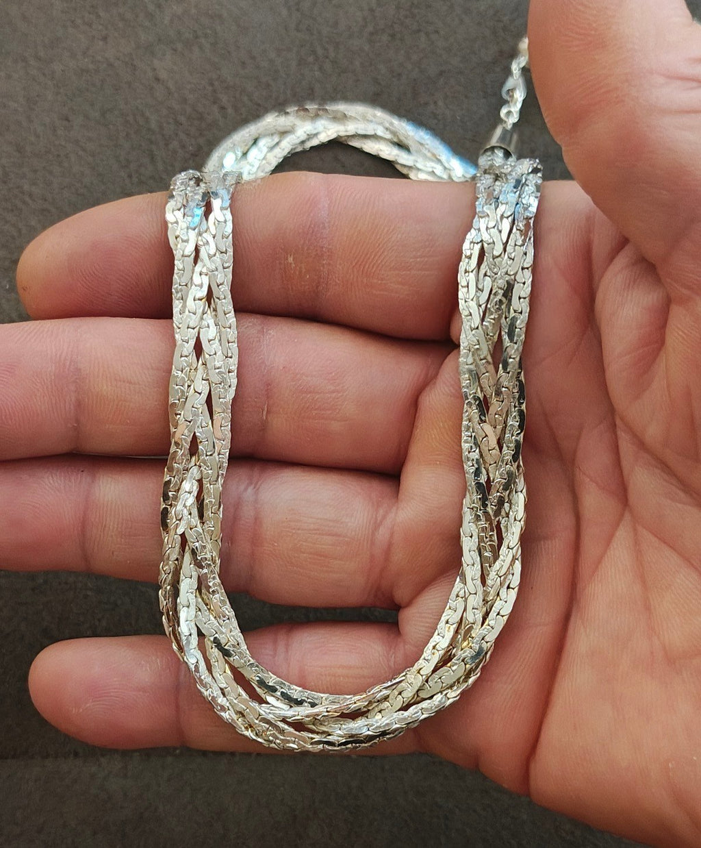 1980s Silver Tone Multi Strand Braided Herringbone Necklace