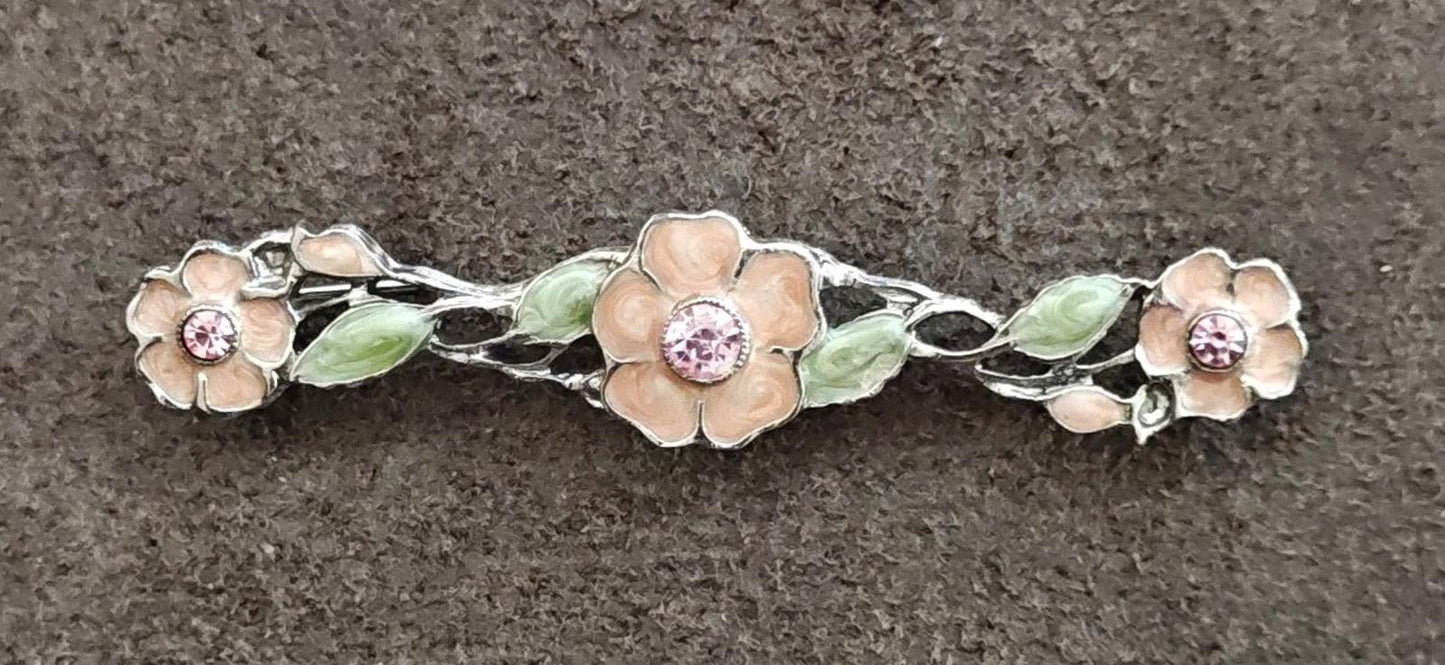 1960s Art Nouveau Floral Bar Silver Tone Enamel Brooch