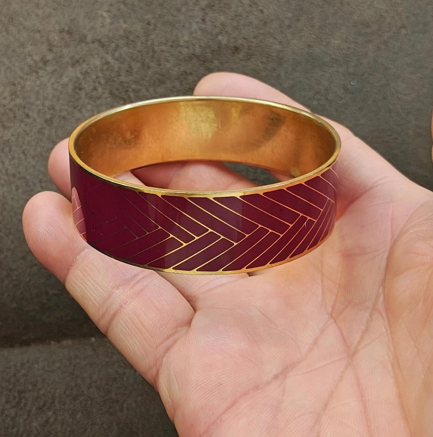 1990s J.Crew Gold Plated With Burgundy Enamel Herringbone Bangle Bracelet