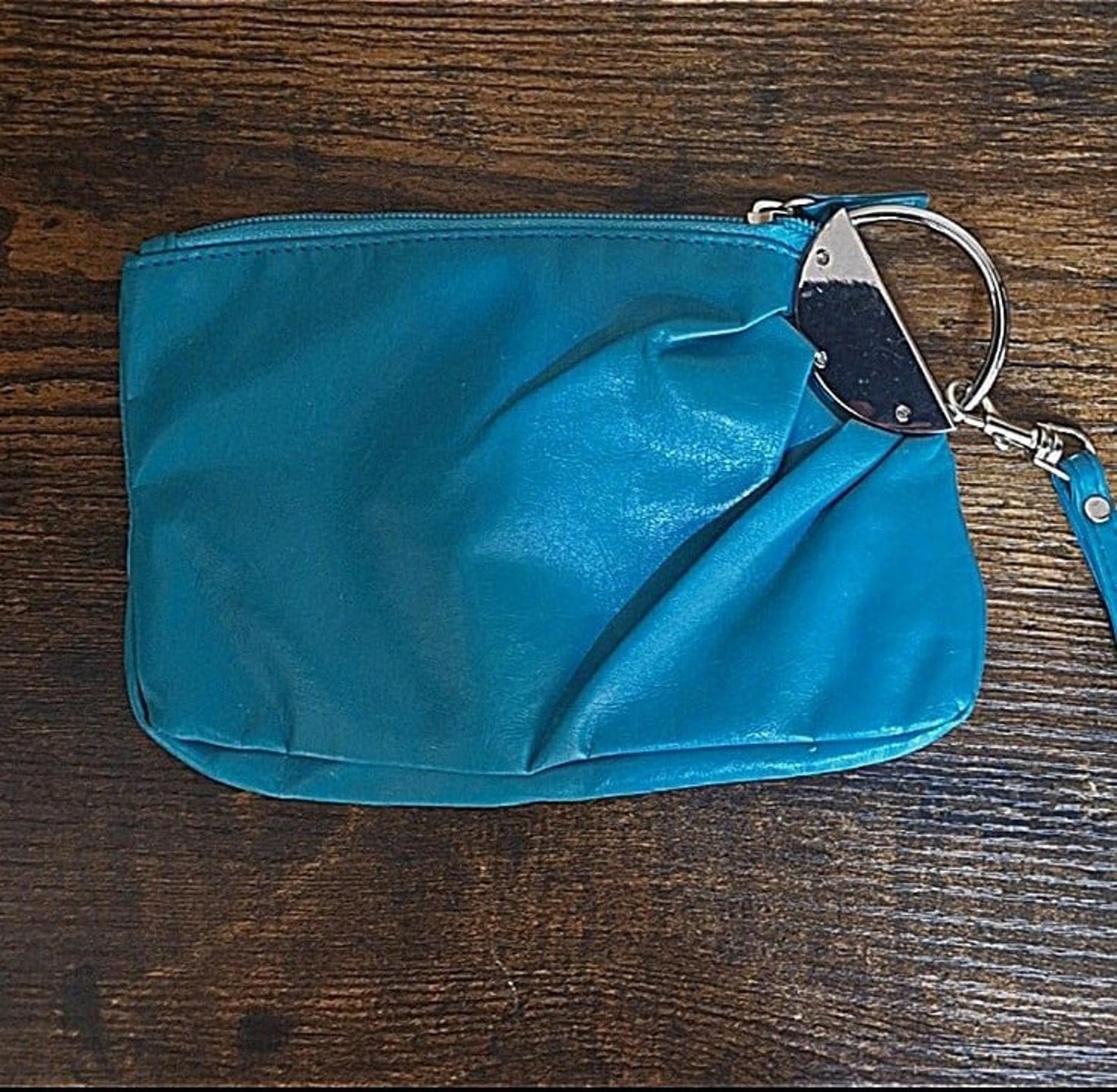 Beautiful Vintage Teal & Silver PVC Leather Clutch Purse With Handle.