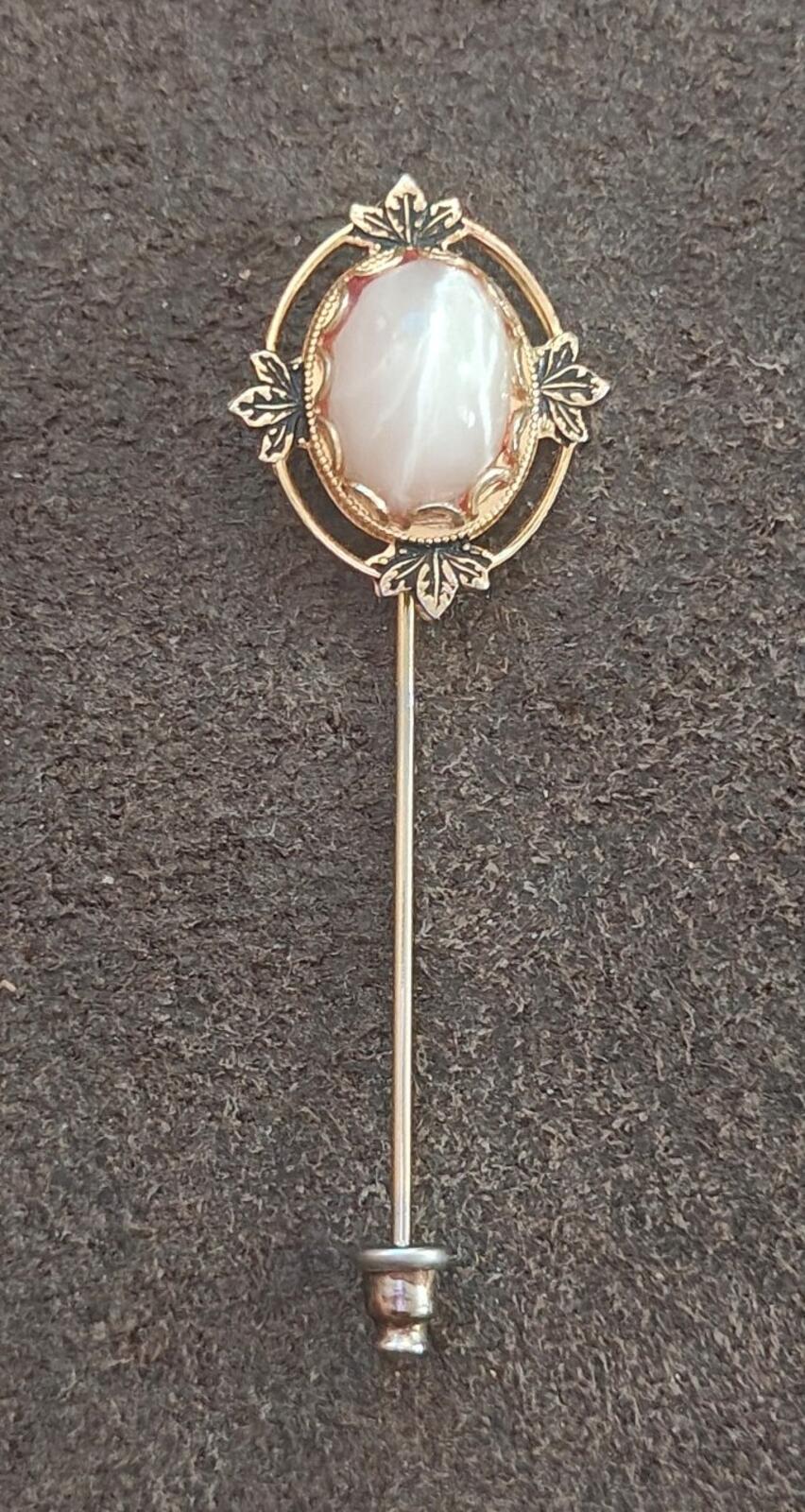 1980s Gold Tone Vintage Stick Pin Featuring a Central Cabochon Gemstone