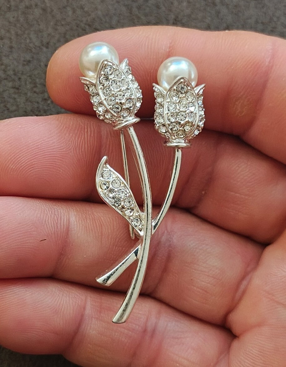 1990s Silver Tone With Sparkling Rhinestones Tulips With Faux Pearls Brooch
