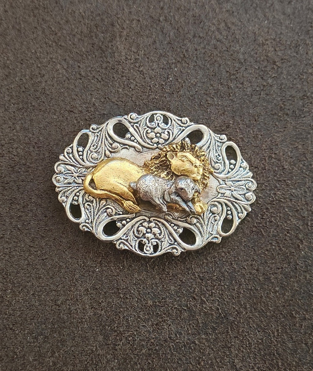 Biblical Lion & The Lamb Two Tone Openwork Filigree Brooch