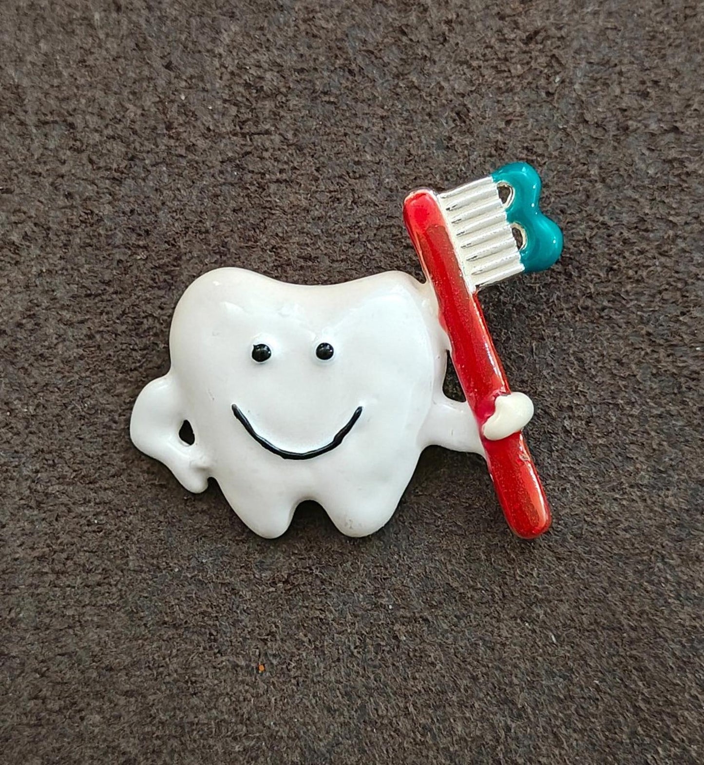 1980s Rare Danecraft Happy Tooth Holding a Toothbrush Silver Tone Enamel Pin