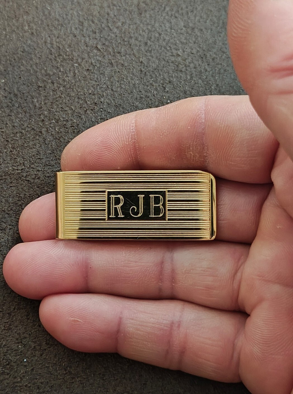 1960s Gold-Tone Engine-Turned Money Clip Monogrammed "RJB"
