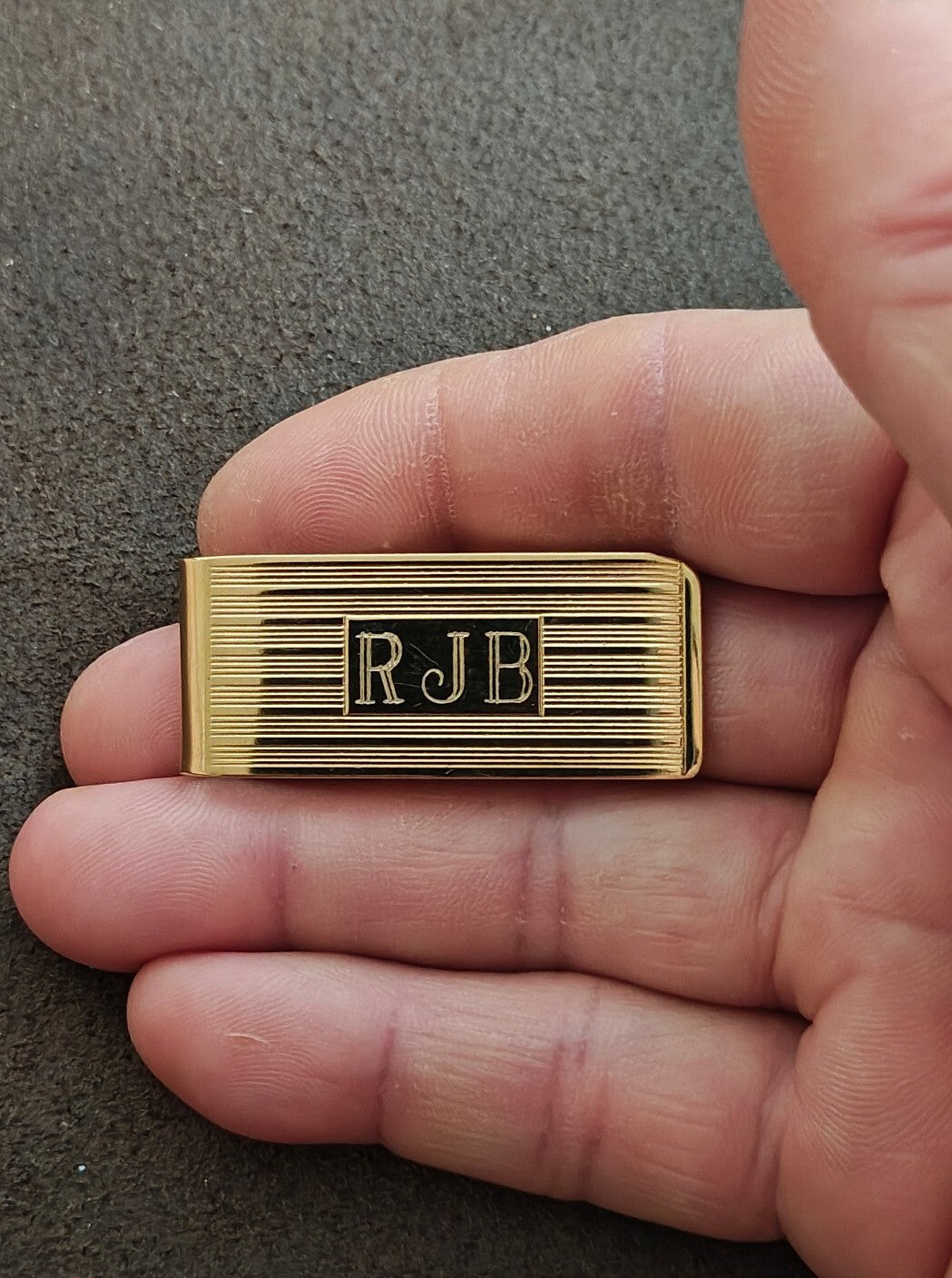 1960s Gold-Tone Engine-Turned Money Clip Monogrammed "RJB"