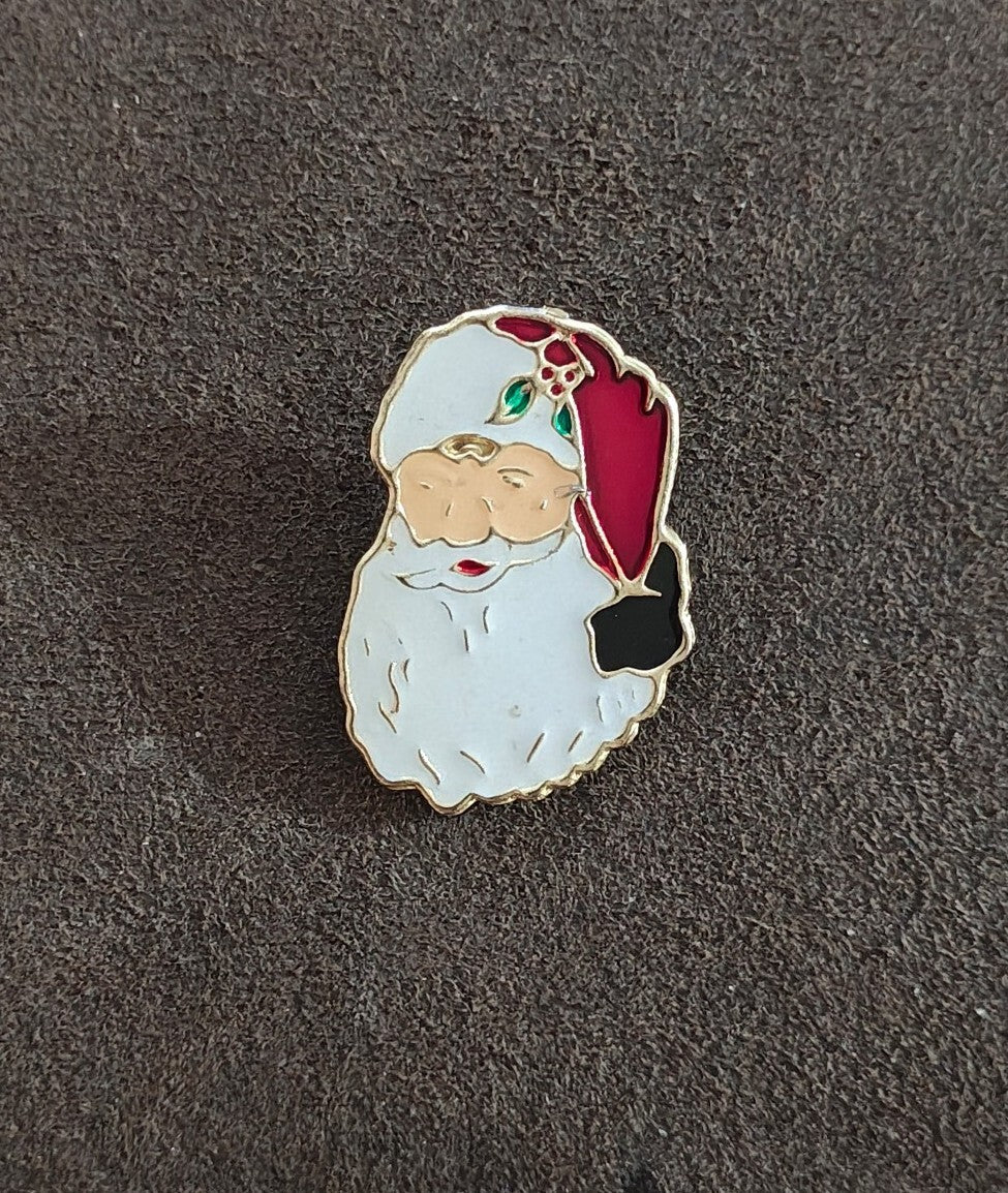 1980s Santa Claus Face Gold Tone Enamel Brooch