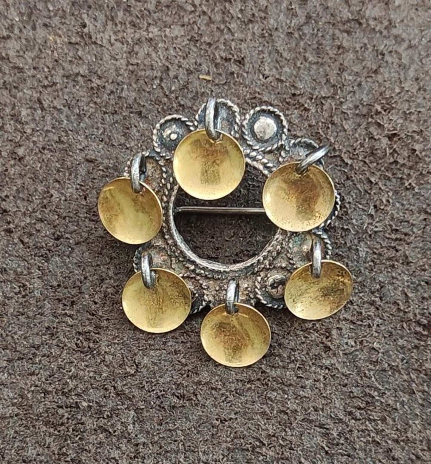 40s Sterling Silver Filigree Norwegian Sølje Brooch With Dangling Gilded Discs