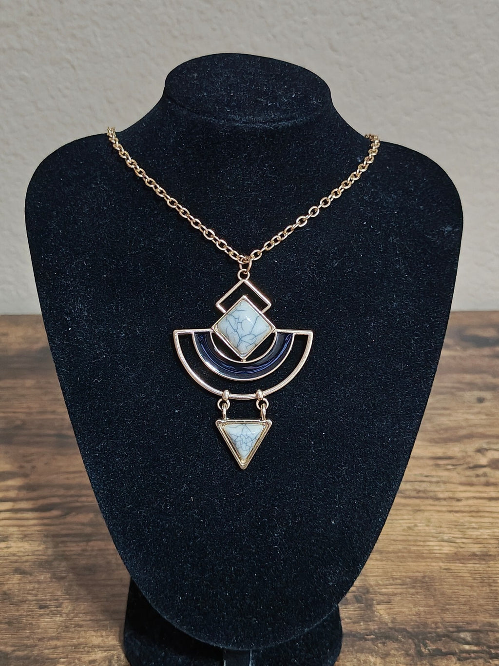 Modern Geometric Abstract Gemmed Gold Tone Pendant Necklace