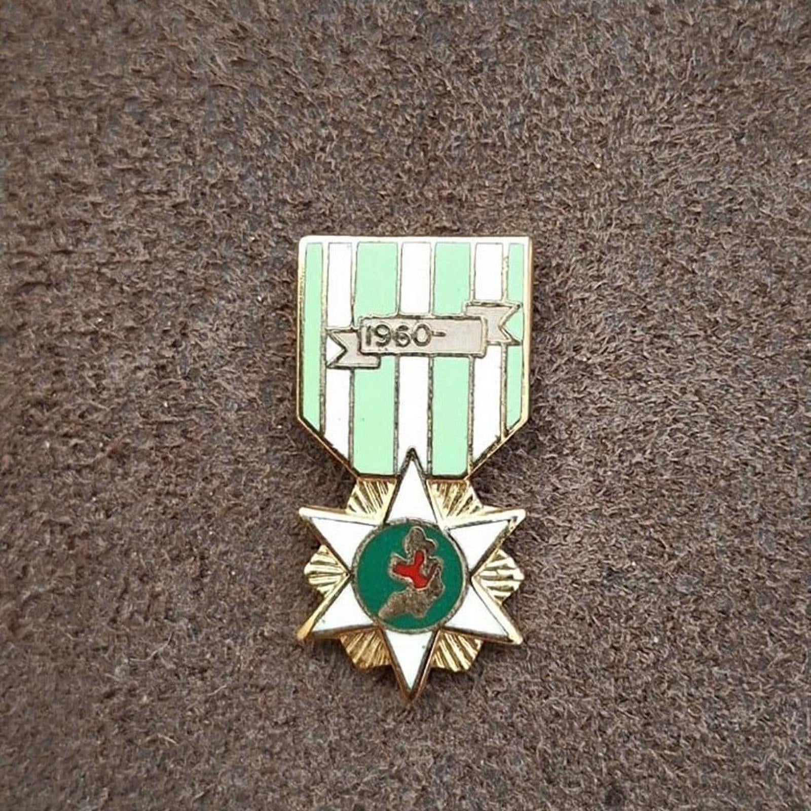 Green-and-white shield enamel campaign pin with starburst and red central emblem.