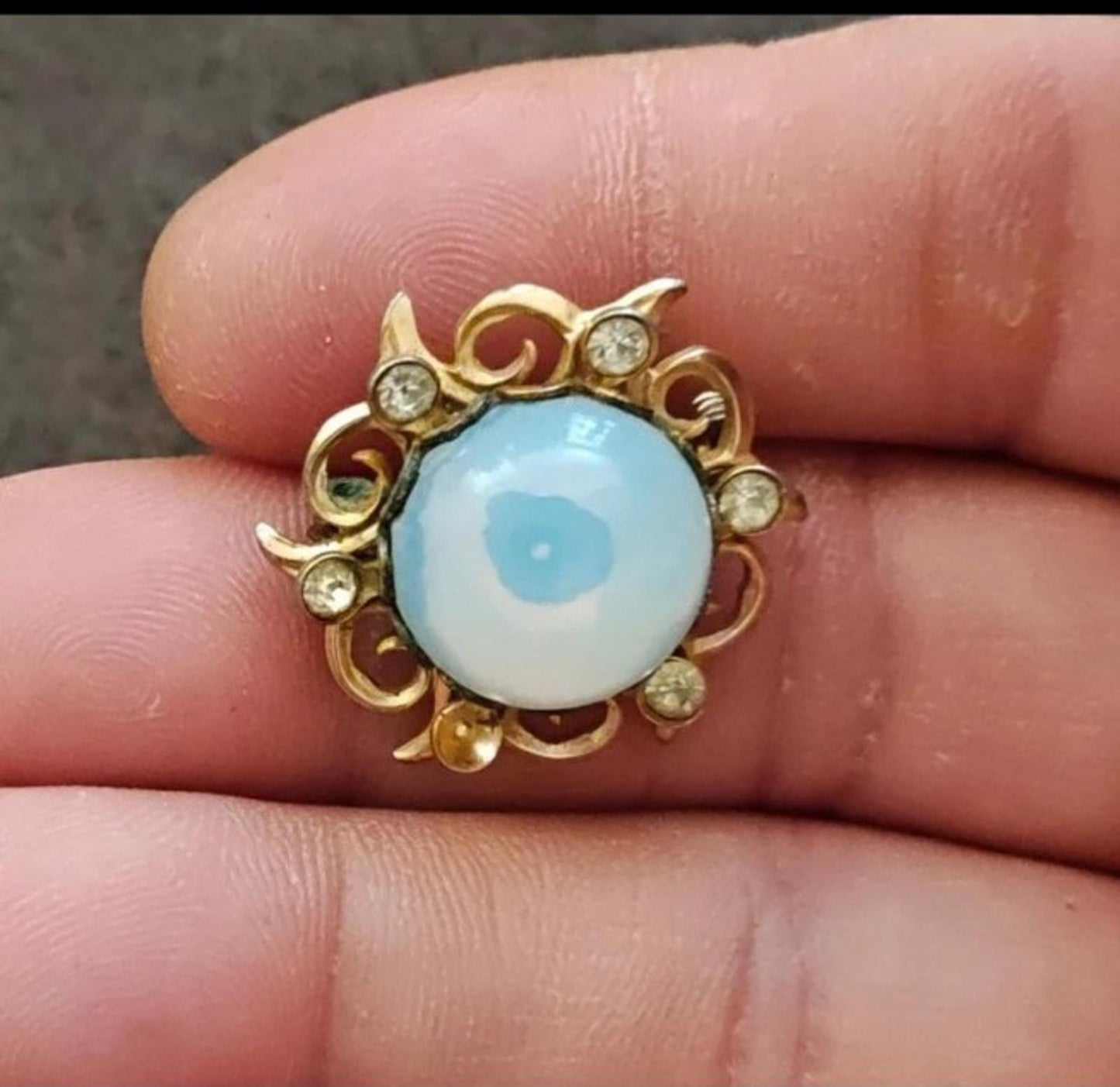 1960s Gold Tone Moonglow Cabochon With Rhinestones Brooch