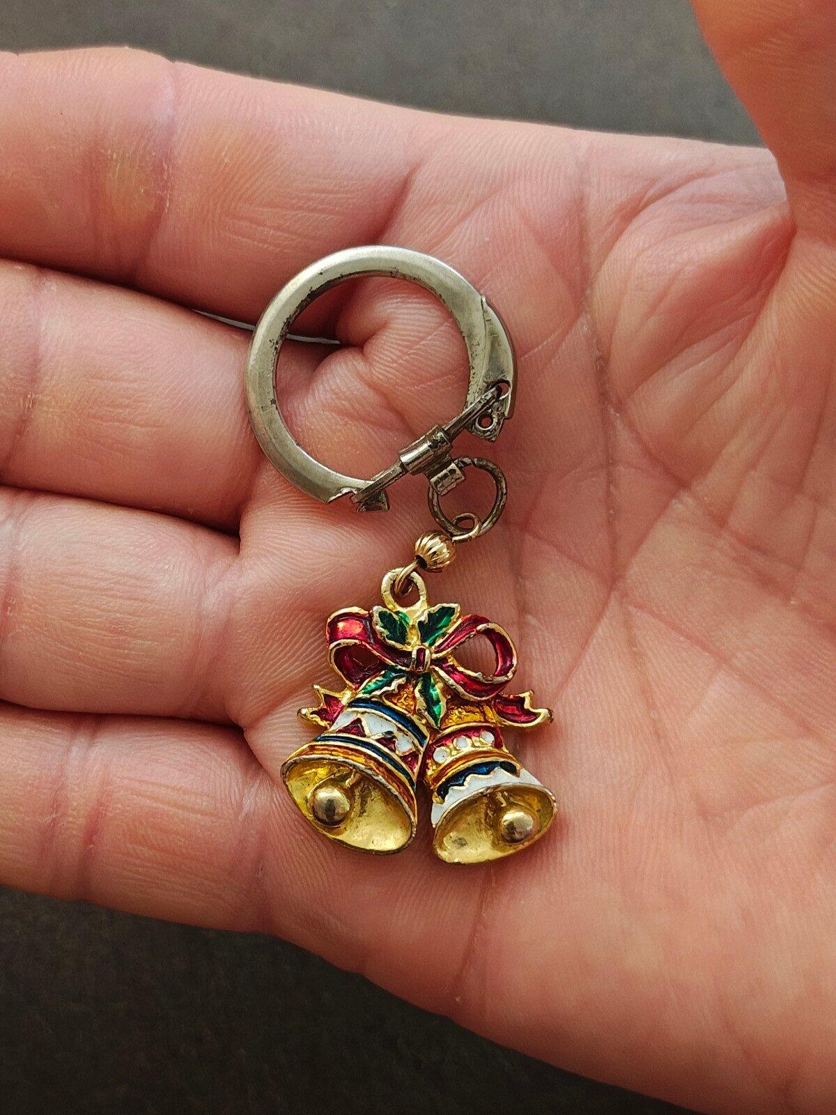 1980s Gold Tone With Red White & Green Enamel Christmas Bell Keychain