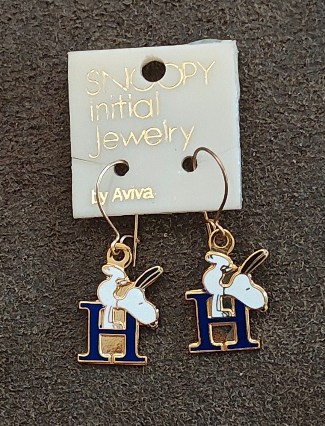 1970s Peanuts Snoopy Initial "H" Gold Tone Cloisonné Enamel Dangle Earrings New
