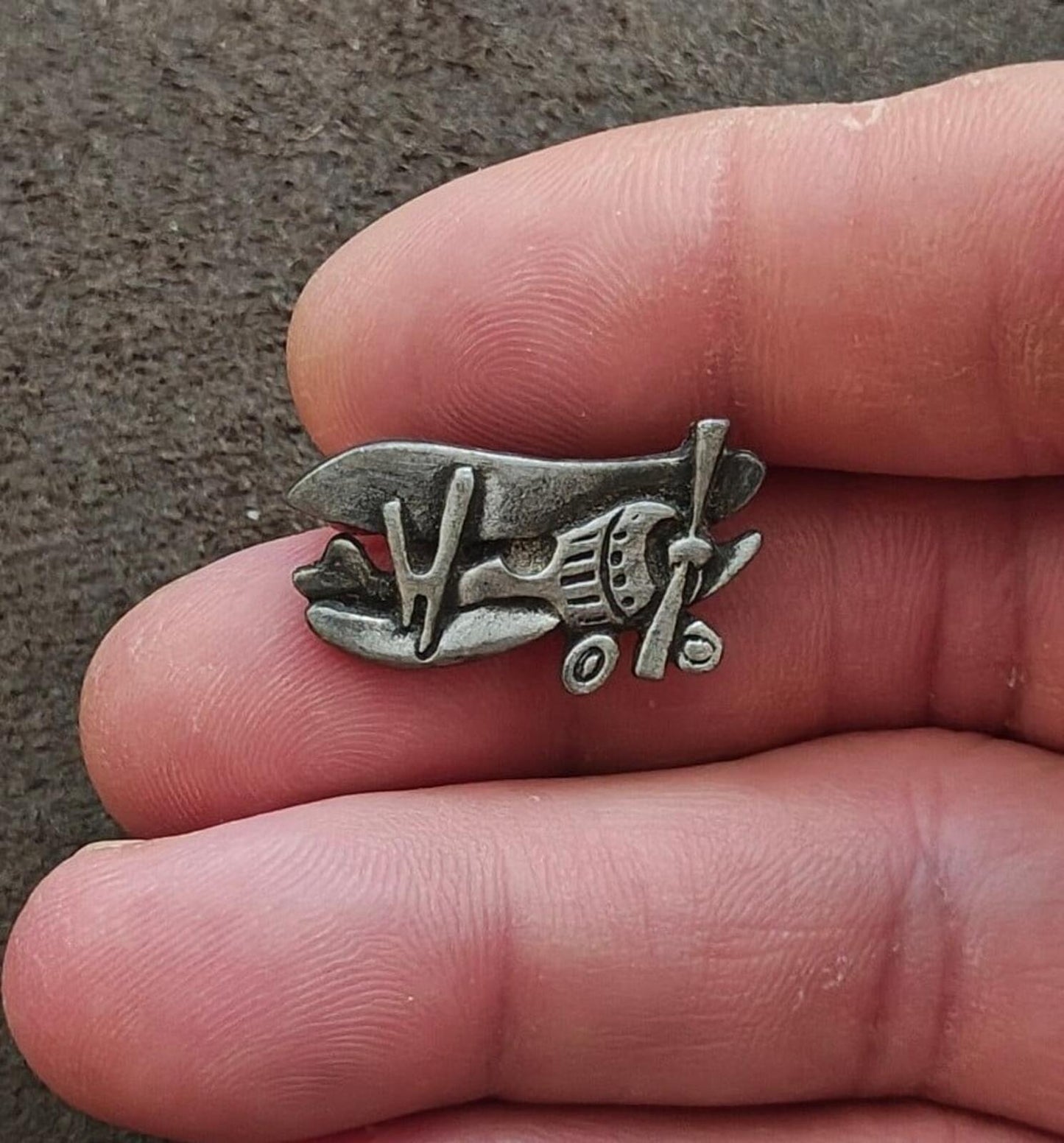 1970s Signed AJR Company Pewter Biplane Airplane Brooch Pin