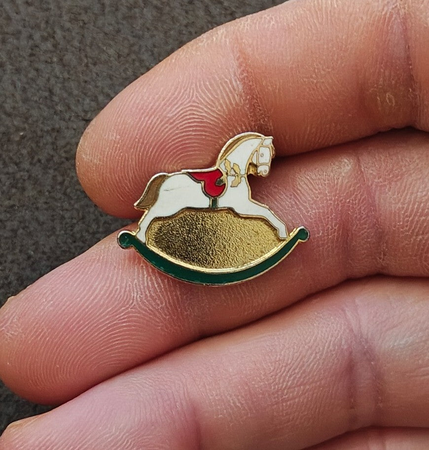 1989 Hallmark Rocking Horse Gold Tone With White, Red & Green Enamel Pin