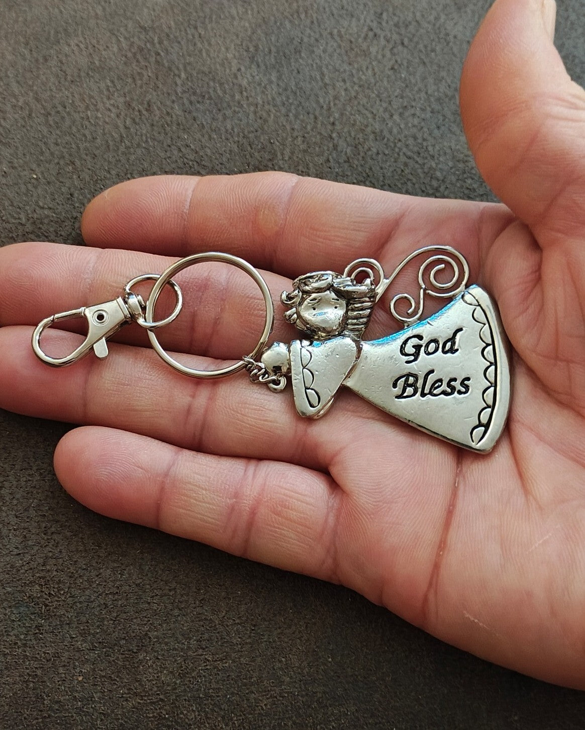Ganz Silver Tone "God Bless" Angel Charm Keychain