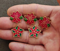70s Set Of 5 Hand Painted Enamel Christmas Poinsettia & Geometric Stars Buttons