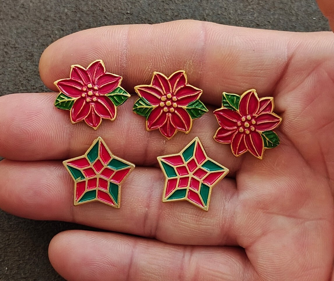 70s Set Of 5 Hand Painted Enamel Christmas Poinsettia & Geometric Stars Buttons