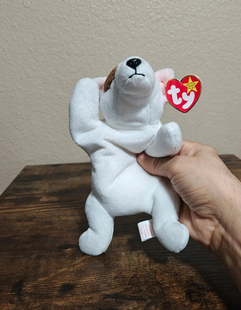 White plush dog standing pose with brown ear patch, red Ty heart tag and tag