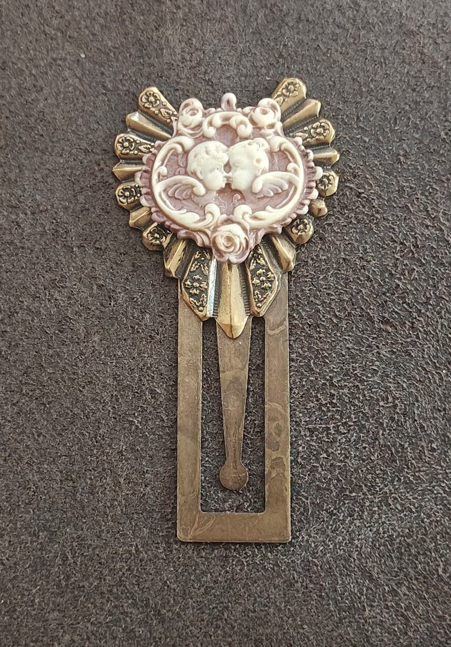1990s Ornate Brass Cherub Cameo Bookmark/Victorian Revival Page Marker
