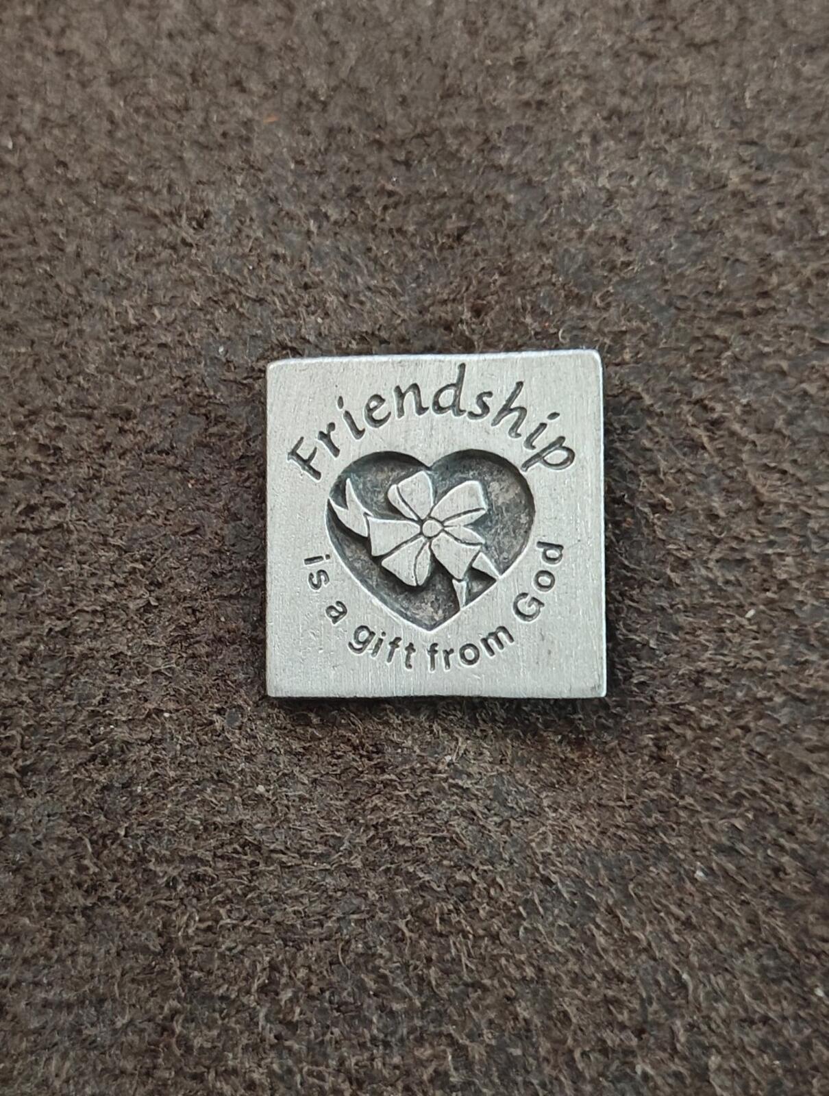 80s "Friendship is a gift from God" Pewter Pin With Engraved Heart & Ribbon