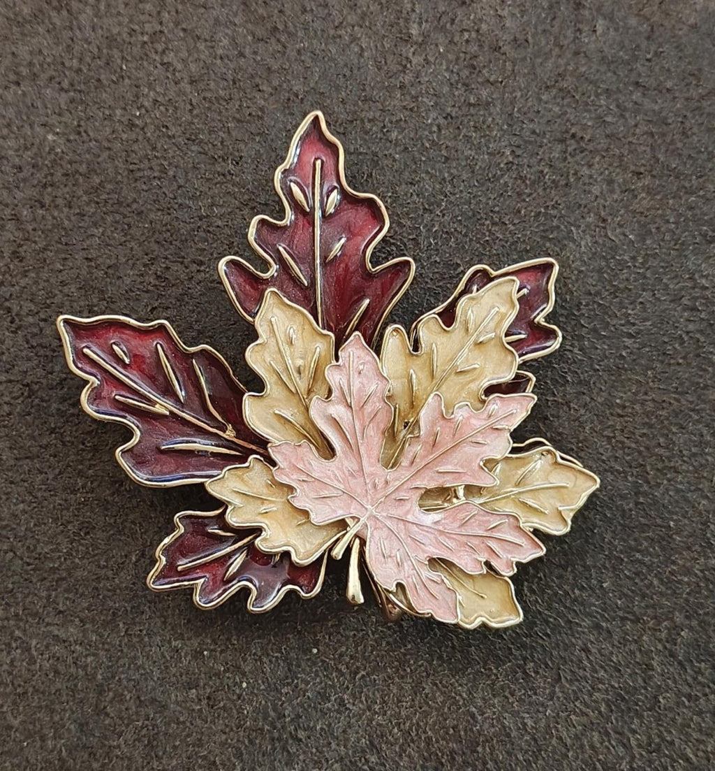 Tri Layered Gold Tone Multi Colored Handpainted Enamel Maple Leaf Brooch