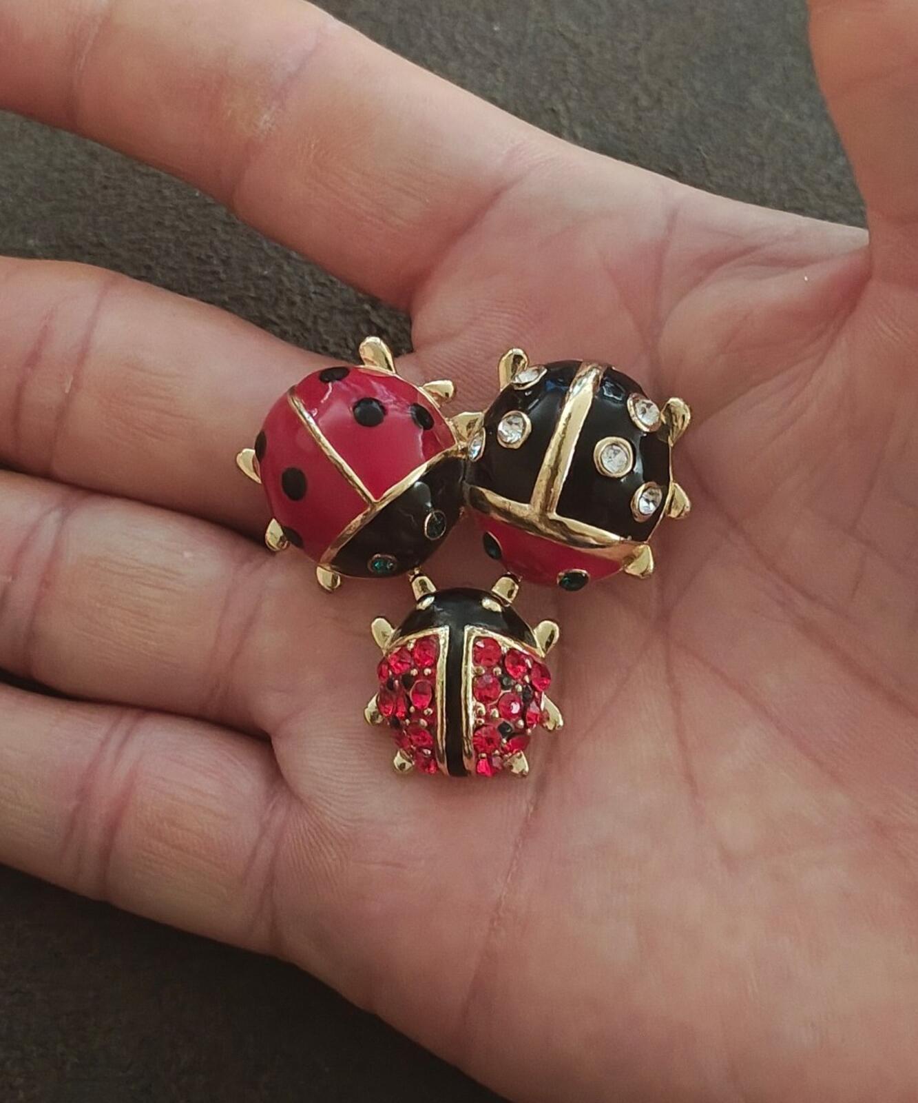 Gold Tone With Black & Red Enamel, Red & Clear Rhinestones Ladybug Trio Brooch