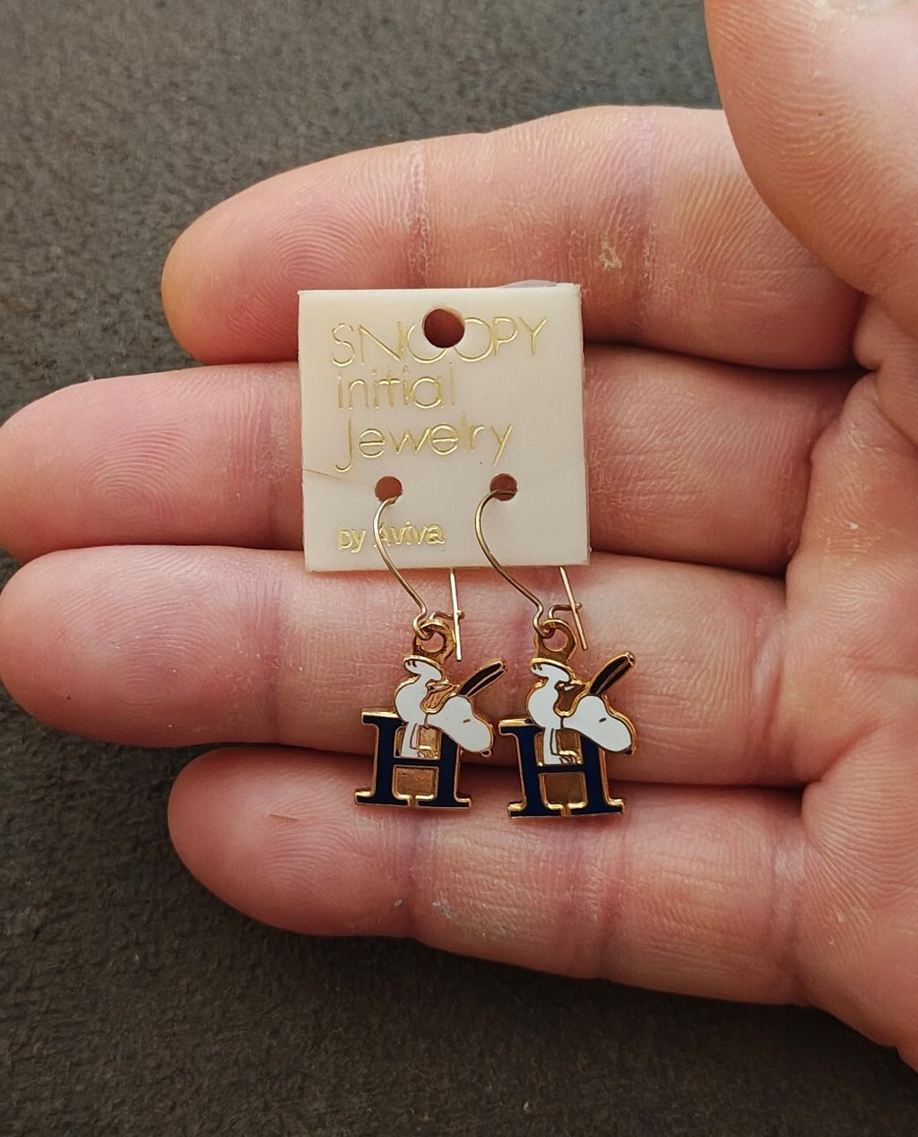 1970s Peanuts Snoopy Initial "H" Gold Tone Cloisonné Enamel Dangle Earrings New