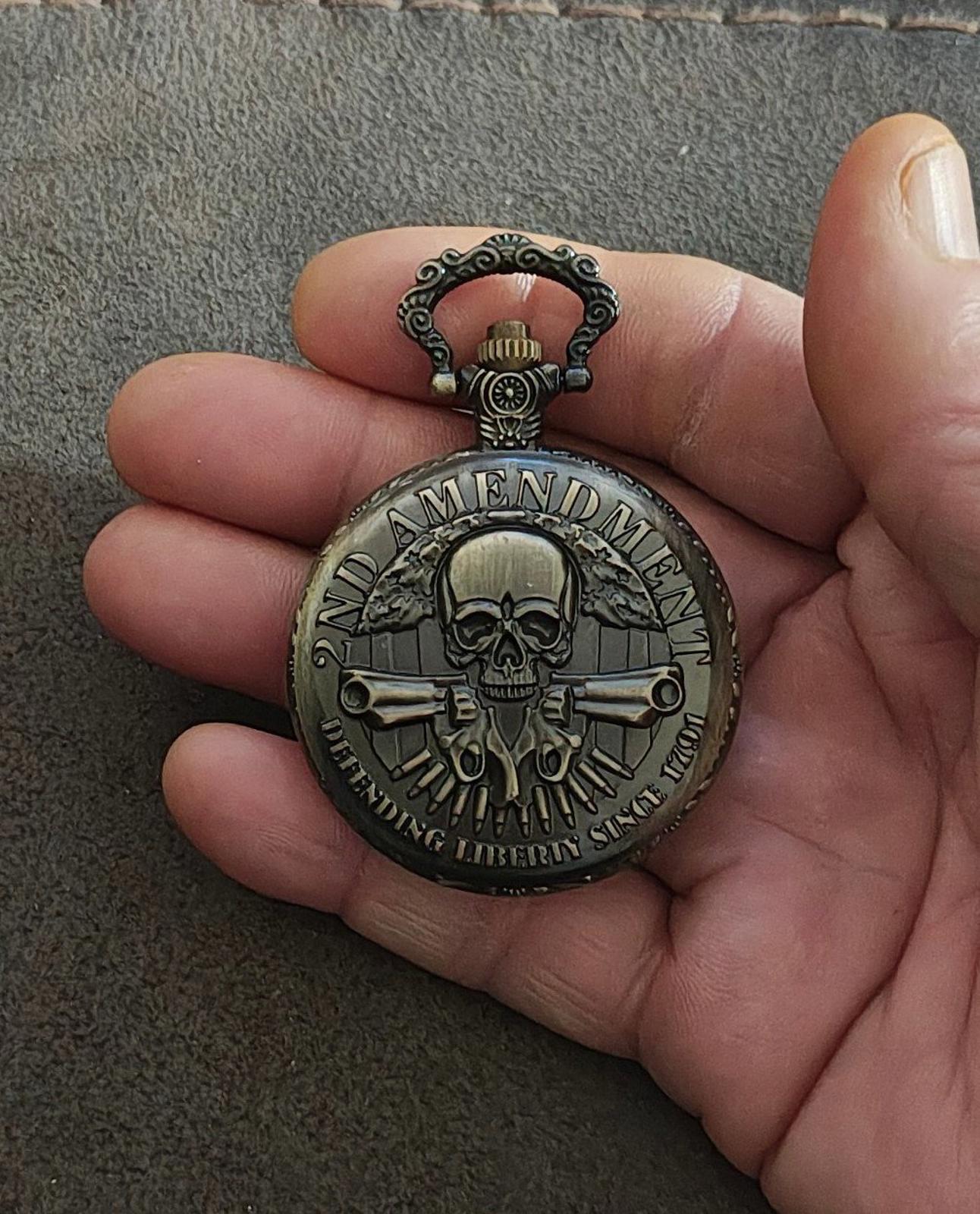 2nd Amendment Skull Pocket Watch Pendant Necklace