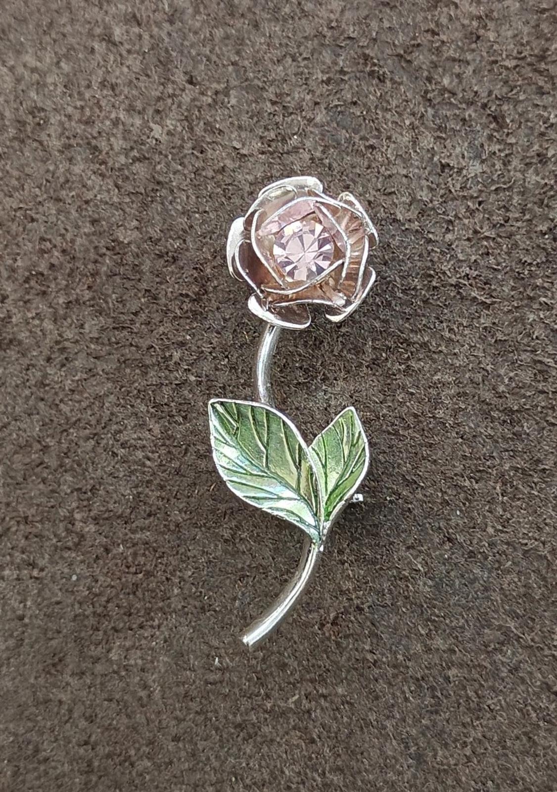1990s Signed Avon Silver Tone With Green Enamel and Rhinestone Flower Brooch