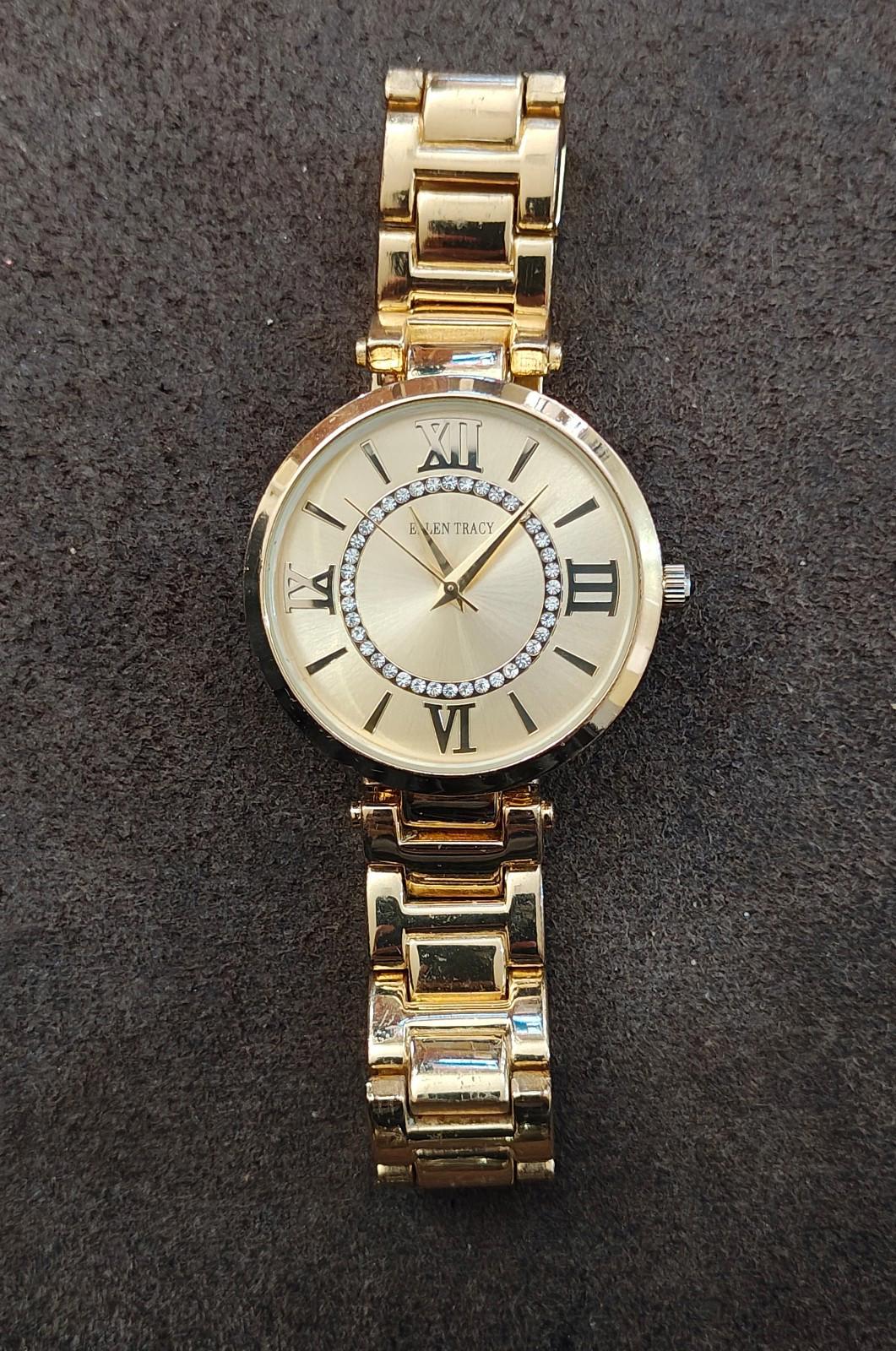 Ellen Tracy Roman Numerals Gold Dial With Crystal Accents Ladies Watch