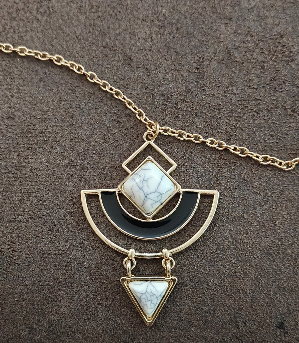 Modern Geometric Abstract Gemmed Gold Tone Pendant Necklace