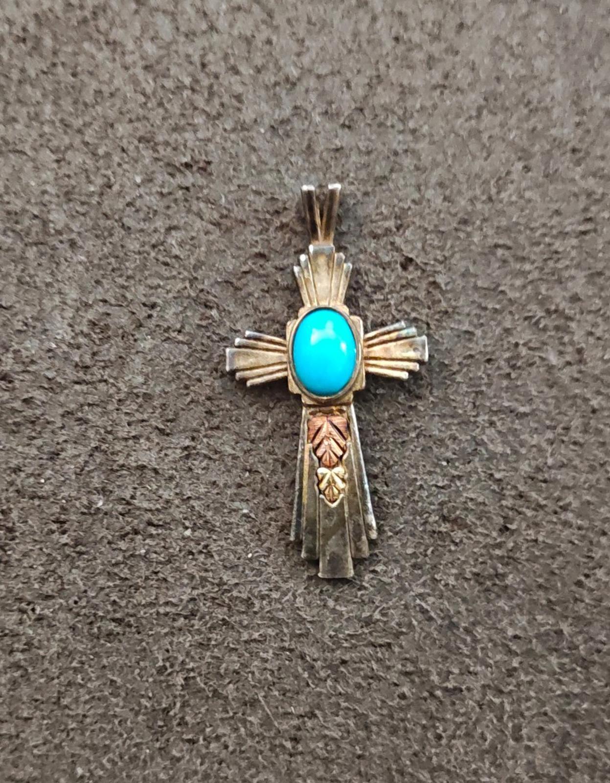 80s Coleman Co. Black Hills 12 Kt Gold & Sterling Silver Turquoise Cross Pendant