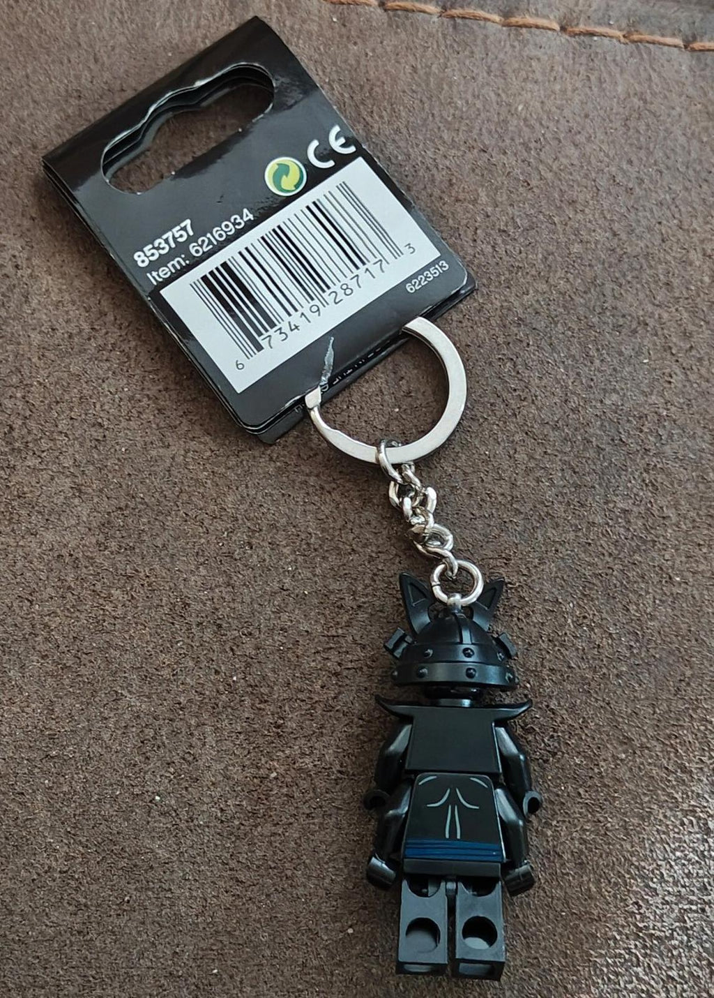 LEGO Ninjago Garmadon keychain card with barcode, metal key ring and chain