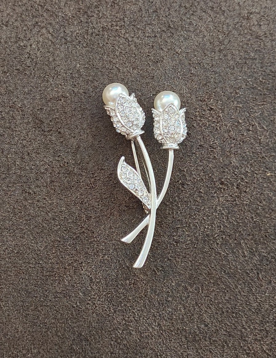 1990s Silver Tone With Sparkling Rhinestones Tulips With Faux Pearls Brooch
