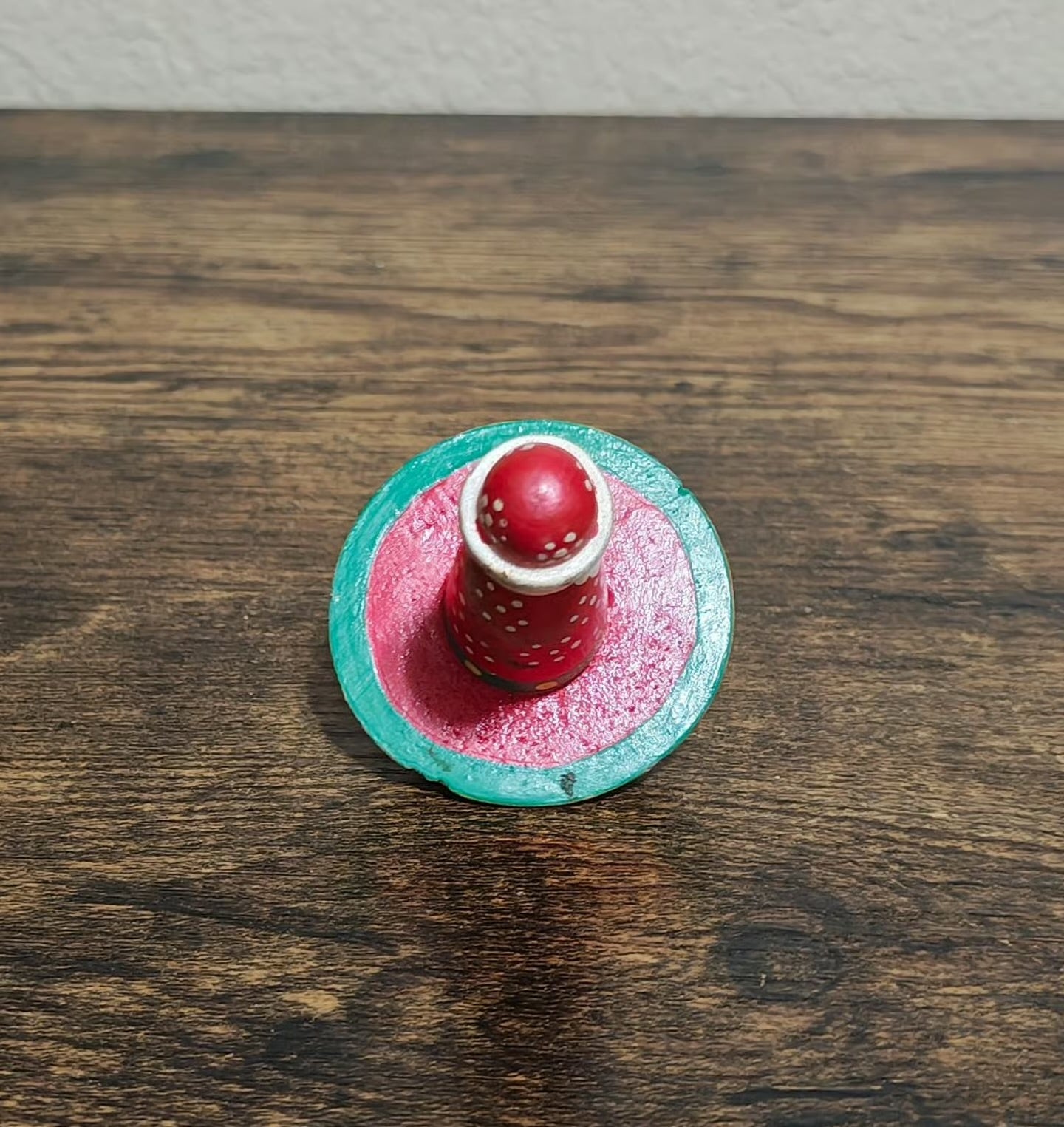 1970s Vintage Folk Art Hand Painted Santa Wooden Spinning Top Toy