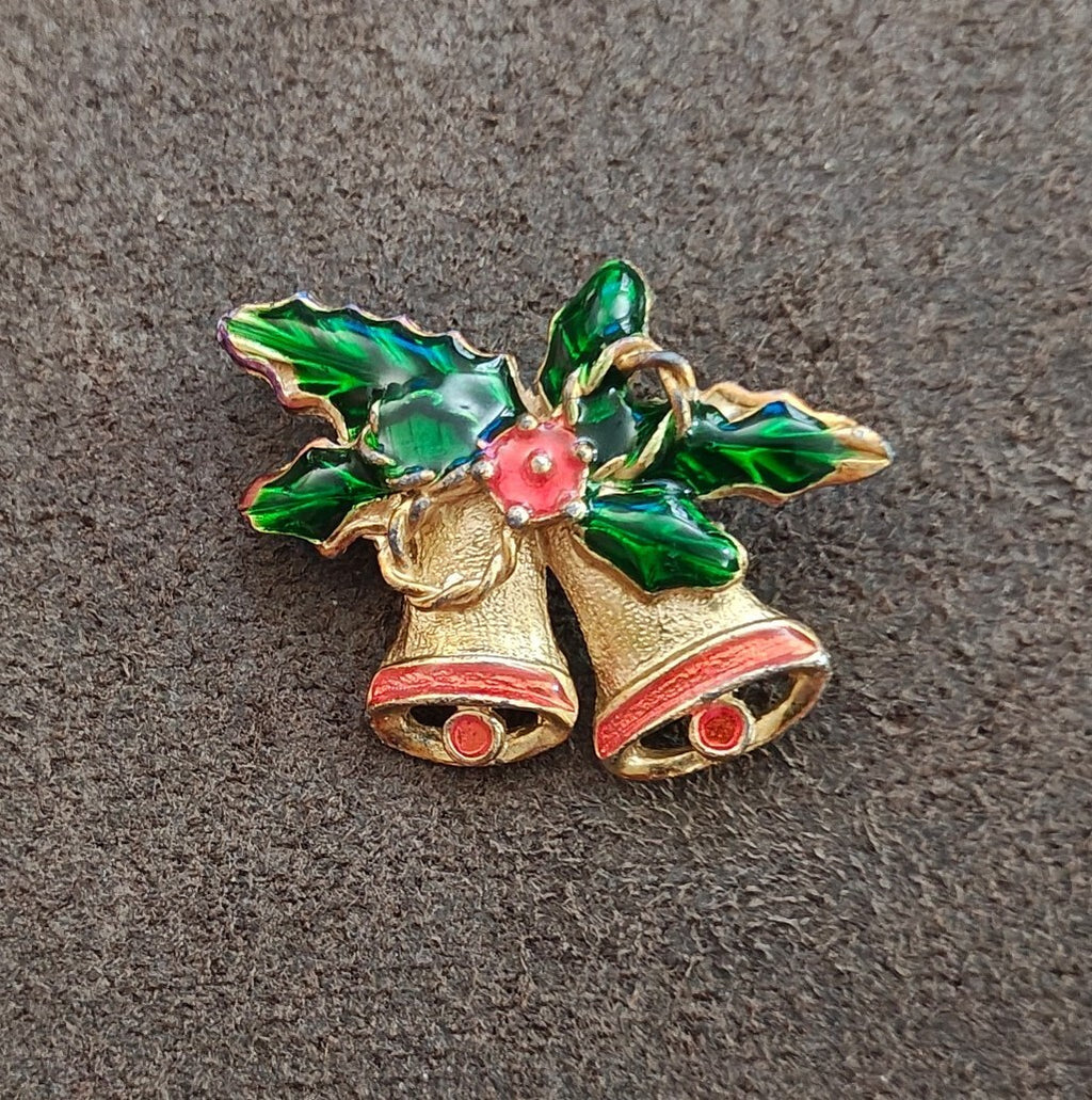 1970s Vintage Gold Tone Enamel Christmas Bells Brooch Pin
