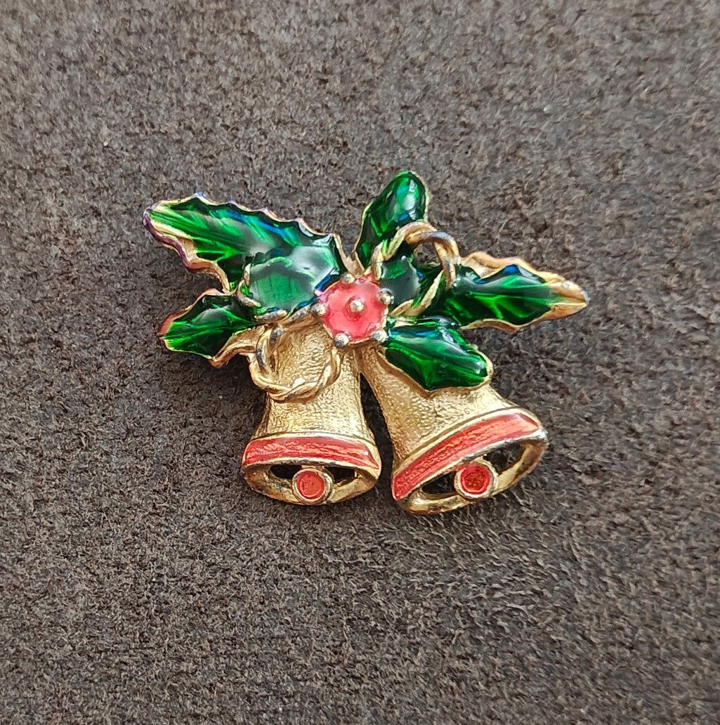 1970s Vintage Gold Tone Enamel Christmas Bells Brooch Pin