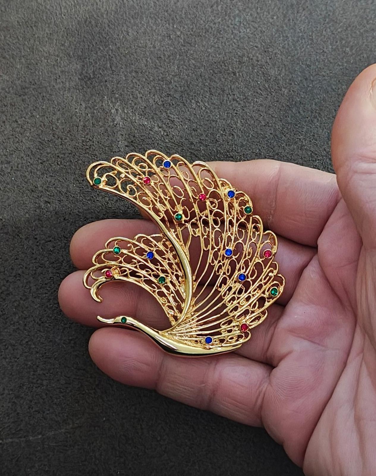 1990's Vintage Large Peacock/Swan Gold Tone Red Blue Green Crystals Brooch Pin